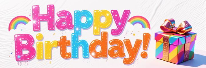 A vibrant Happy Birthday! message in bold, marquee-style letters with white dots, surrounded by rainbows and a gift box with a shiny bow on a white background with text written.