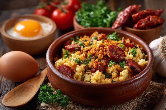 Migas Manchegas rustic Spanish dish fried breadcrumbs garlic and chorizo countryside style left to right composition