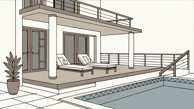 Architectural Drawing of Modern House with Pool and Patio.