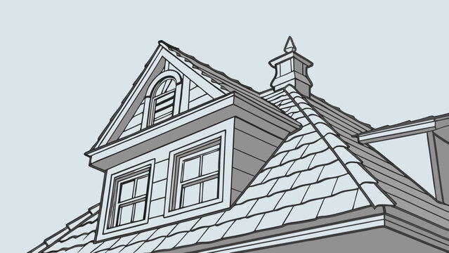 Architectural illustration of a house roof with dormer windows and chimney vector art home design building blueprint real estate graphic.