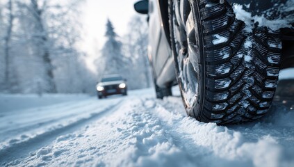 High quality photo of a car driving on a snowy road in a winter forest