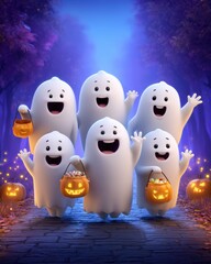 Obraz premium Cheerful Cartoon Ghosts Celebrating Halloween in Enchanted Forest