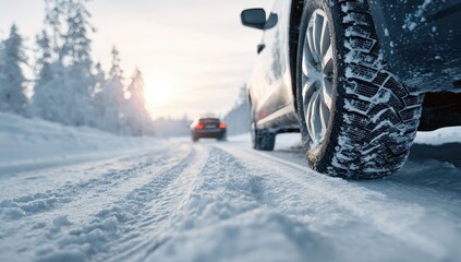High quality photo of a car driving on a snowy road in a winter forest