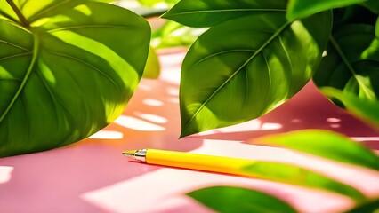 Large green leaves cast playful shadows on a pink canvas, where a yellow pen rests—blending botanical vibrance with artistic calm in a scene that invites imagination and sunlit inspiration.