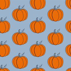 Pumpkin seamless pattern on a blue background. Halloween or Thanksgiving color texture. Vector illustration decoration texture wallpaper with vegetable. Pattern with orange pumpkins in flat style.