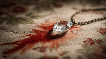 spreading. Shattered crystal pendant on a silk cloth stained with red wine. lifestyle magazines, social media lookbooks, designed for lifestyle magazines and social media content.
