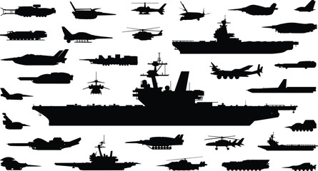Military silhouettes, aircraft carrier, fighter jets, helicopters, tanks, submarines, transport vehicles, black and white, vector illustration, defense icons, minimal design, war equipment