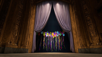 audience. Empty historic theater stage with grand curtain partially open. event programs, museum guides, designed for cultural heritage projects and event programs, preserves heritage.
