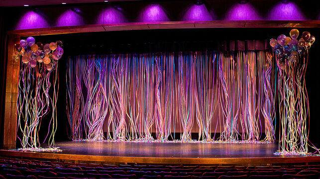 audience. Empty historic theater stage with grand curtain partially open. event programs, museum guides, designed for cultural heritage projects and event programs, preserves heritage.

