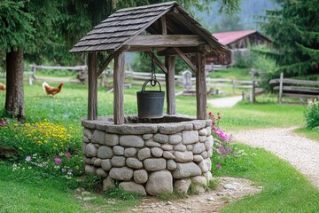Fototapeta premium Rustic stone well with wooden roof and bucket in rural setting. Traditional water source in countryside farm. Natural landscape.