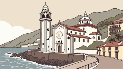 Naklejka premium Coastal Church Ocean View Mediterranean Style Architecture Cliffside Buildings Seaside Town Illustration Vector Graphic.