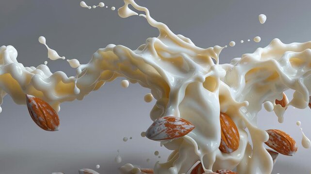 An almond milk splash nut liquid fresh healthy dairy free white motion dynamic scene with whole almonds, creamy texture, nutritious drink, and energetic movement conveying freshness, health