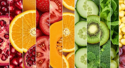 A vibrant and diverse mosaic of fresh, healthy fruits and vegetables, artfully arranged in a colorful spectrum to symbolize balanced nutrition and wholesome eating for a healthy lifestyle