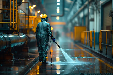 Obraz premium 工場内の床を高圧洗浄する日本人作業員の後ろ姿 クリーンな製造環境を維持する現場風景