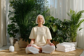 Mature Woman Meditating in Lotus Pose Surrounded by Plants Indoors