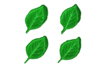 Obraz premium Four green leaves with glitter texture isolated on transparent background, symbolizing nature, growth, and ecology