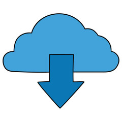 Hand-drawn cartoon download cloud icon on a white background.