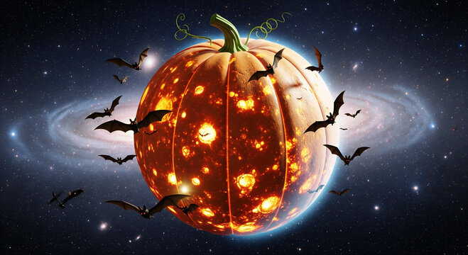 Spooky Halloween pumpkin planet with bats flying through space, perfect for a thrilling cosmic Halloween party invitation or a fun, creative holiday campaign, grab your audience's attention