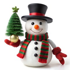 A charming plush snowman wearing a black top hat and a red and green striped scarf, holding a miniature christmas tree with a golden ornament, isolated on a clean white background