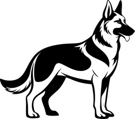German Shepherd dog standing, vector icon, black and white, white background