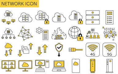 ネットワークのイメージイラスト、クラウドやサーバー・セキュリティ対策の線画アイコン