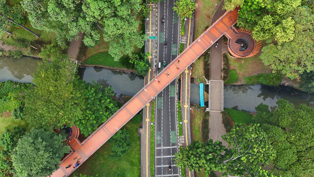 Aerial view of a pedestrian bridge gracefully spanning a road and river, embraced by lush green trees, Jakarta, Jakarta, Indonesia.