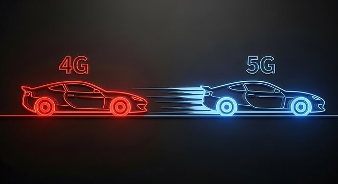 Experience lightning fast speed with futuristic 5G cars outperforming 4G in vibrant neon illustration, perfect for technology and automotive industry trends