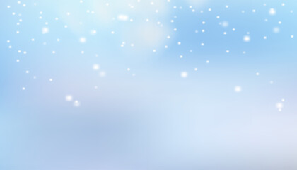 A view of a winter blue sky with soft flakes of fluffy snow gently falling. A Christmas holiday vector background with light effects. Wallpaper design for posters, banners, and greeting cards