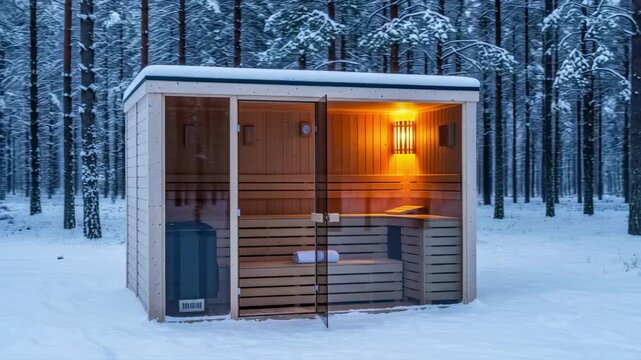 A modern wooden outdoor sauna with a glass door glows warmly from within, creating a cozy refuge in the middle of a serene, snow-covered pine forest during a cold winter twilight