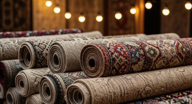 Traditional Arab Carpets Rolled for Sale in a Bazaar