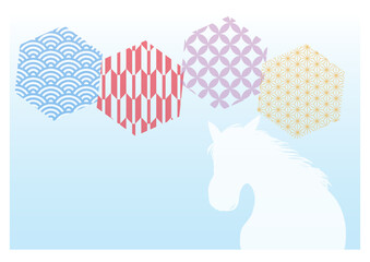 白い馬と和風のイラストのポストカード・年賀状