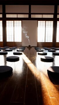 Sunlight streams through shoji screen windows, illuminating a polished wooden floor where a stick of incense smokes in a burner, with zafu meditation cushions arranged neatly in a zen dojo