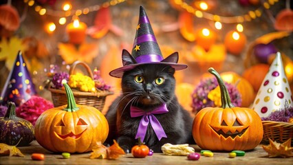 A cute black cat wearing a witch hat and a purple bow tie sits among carved pumpkins and halloween decorations, creating a festive and spooky atmosphere for the holiday celebration