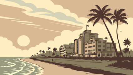 Obraz premium Retro Beachfront Hotel and Palm Trees at Sunset.
