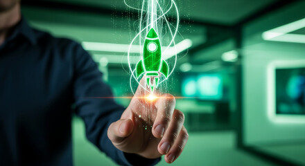 Image of a man's hand touching a green rocket icon with light trails, representing startup, innovation, technology and advancement in business