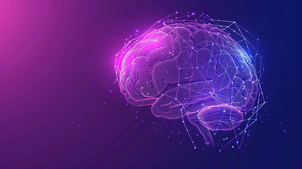 Glowing AI brain icon made of circuit traces and nodes, holographic lines, indigo violet gradient background, minimal futuristic vector design