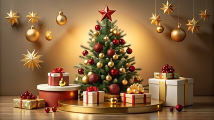 A beautifully decorated christmas tree adorned with red and gold ornaments, surrounded by wrapped gift boxes, set against a warm, glowing background with festive hanging decorations