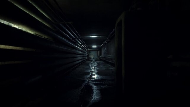Dark and wet industrial corridor or maintenance tunnel with parallel pipes and illuminated by faint fluorescent lights, creating a suspenseful and creepy horror setting for Halloween