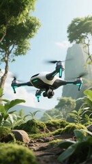 A drone hovers over a lush, moss-covered forest landscape with mountains in the background.