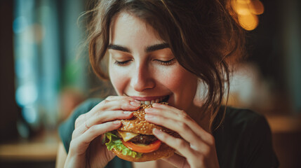Woman happily eating juicy cheeseburger