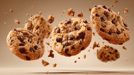 Flying chocolate chip cookies with crumbs in motion