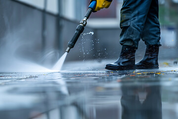 高圧洗浄機で地面を洗浄する作業員の足元（清掃業・メンテナンス）