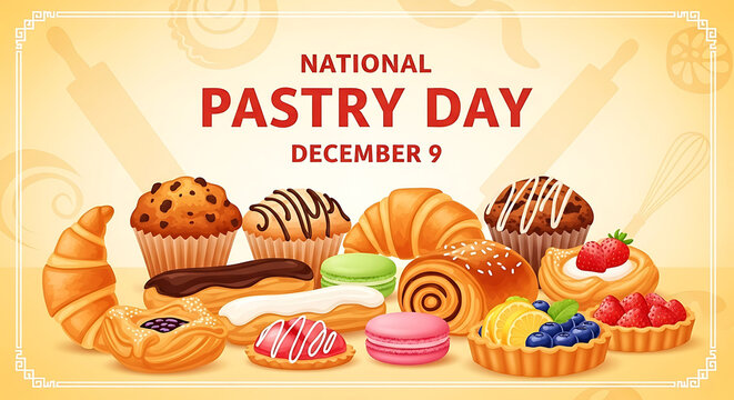 national, pastry, day, december, 9, bakery, cupcake, croissant, donut, pie, cake, cookie, danish, dessert, food, illustration, drawing, cartoon, colorful, pattern, background
 - Powered by Adobe