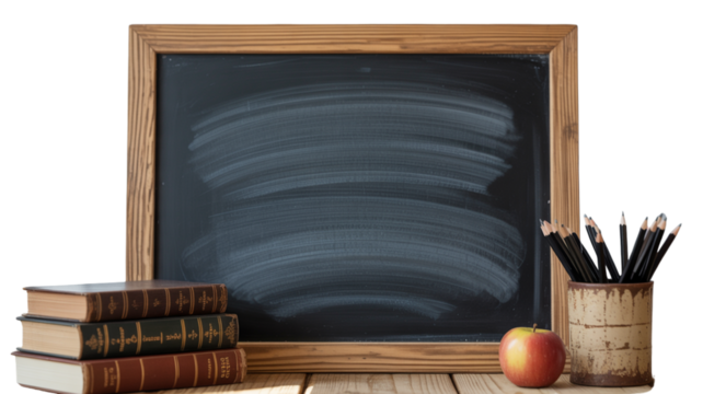 Vintage blackboard with stack of old books and apple for education - Powered by Adobe
