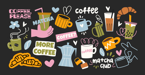  Coffee and matcha stickers in retro cartoon. Coffee makers, green tea, brewing, arabica coffee, glass, espresso, cappuccino, beans. Graphic doodle minimalist retro shapes. Coffee shop patches