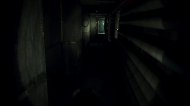 POV with a torch in a dark and foreboding industrial corridor or tunnel with massive pillars and parallel pipes, conveying a mysterious and spooky horror atmosphere perfect for halloween