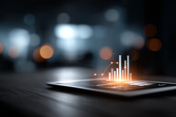 Holographic financial dashboard displayed on tablet, showcasing vibrant data visualization with glowing graphs and charts, set against a blurred background with copy space