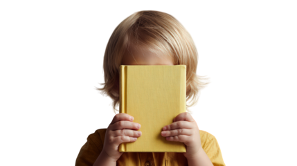 Child with blonde hair holds yellow book in front of their face, creating playful and curious atmosphere. image captures innocence and imagination, inviting viewers to explore world of reading