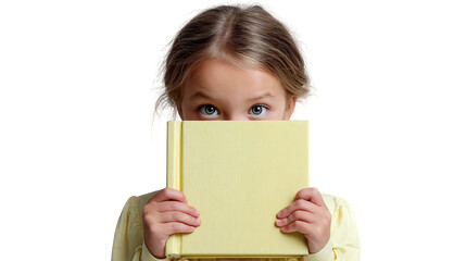 Child holding pastel yellow book, peeking over cover with curious eyes, exuding sense of wonder and innocence. centered composition highlights child expression