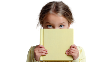 Child holding pastel yellow book, peeking over cover with curious eyes, exuding sense of wonder and innocence. centered composition highlights child expression